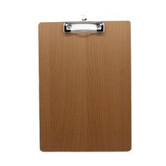 A4 Clip Board with a wooden finish and a metal clip on top, perfect for organizing documents.