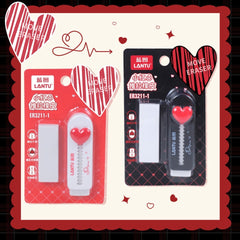 Eraser set featuring heart-themed design in red and black, ideal for gifts and school use.