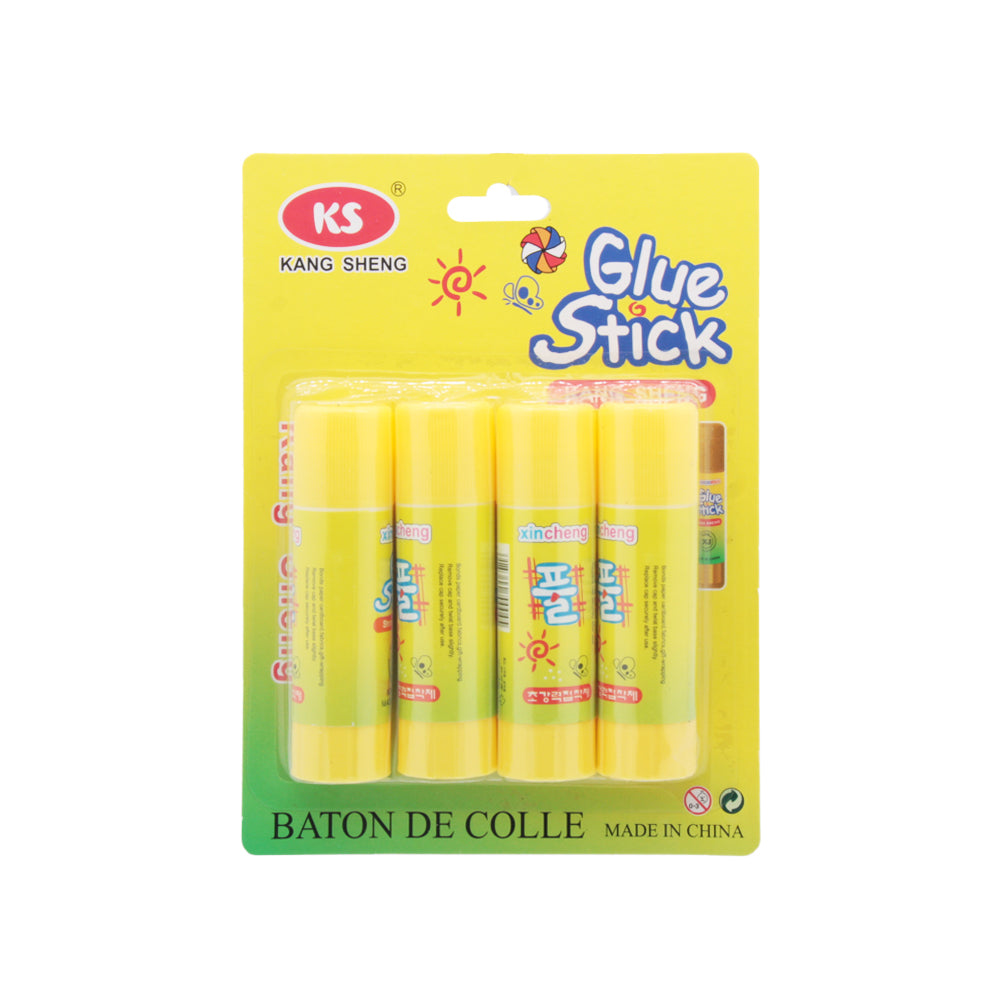 📎 Glue Stick – 4-Pack (Clean & Easy Use) in yellow packaging, ideal for paper crafts and school projects.