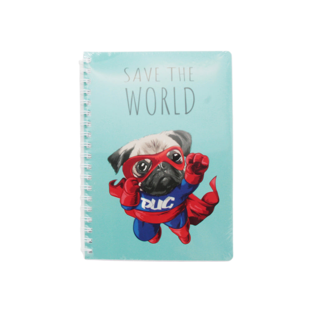 B5 Note AM featuring a pug in superhero costume with the text 'Save the World' on a stylish notepad.