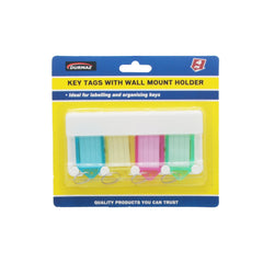 Key Tags with Wall Mount Holder (4PCS) – Color-Coded Label Tags for Keys packaging featuring colorful labels.