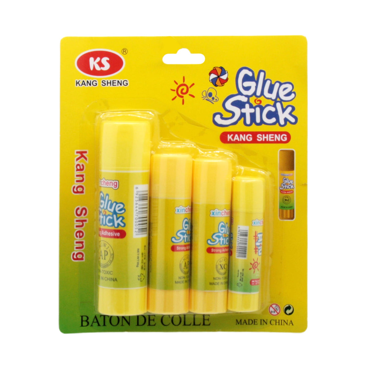 Glue Stick A.S. pack with four yellow glue sticks by Kang Sheng, perfect for school and crafting projects.