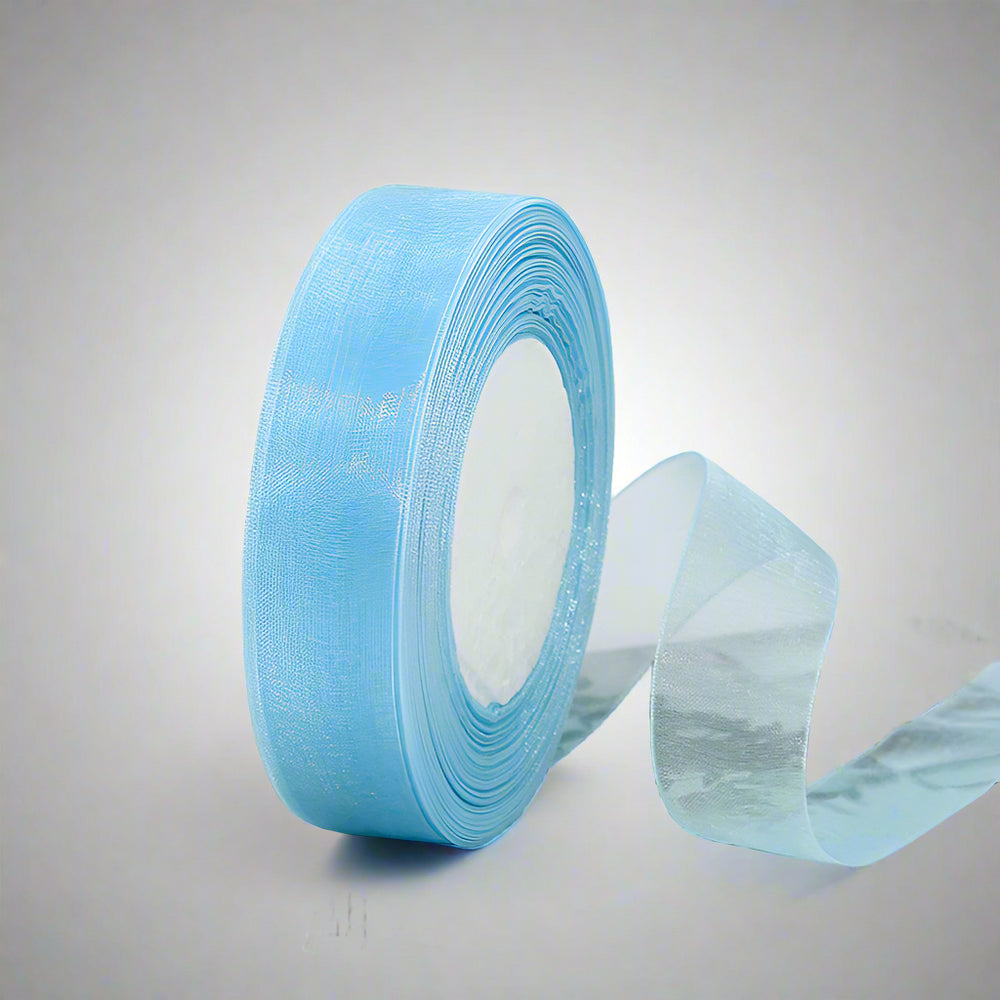 🎀 Sheer Organza Ribbon – Elegant & Versatile Finish, light blue ribbon with sheer texture for decorating and crafting.