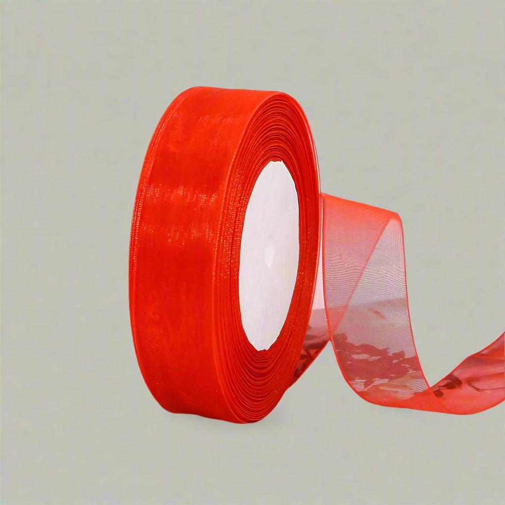 🎀 Sheer Organza Ribbon – Elegant & Versatile Finish in vibrant red, perfect for gift wrapping and decorative bows.