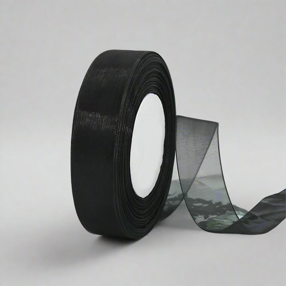 🎀 Sheer Organza Ribbon – Elegant & Versatile Finish in black, perfect for gift wrapping and decor.