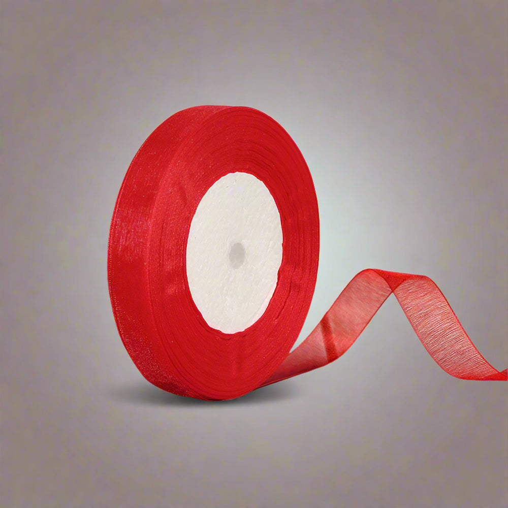 🎀 Sheer Organza Ribbon – Elegant & Versatile Finish in vibrant red, perfect for gift wrapping and DIY crafts.