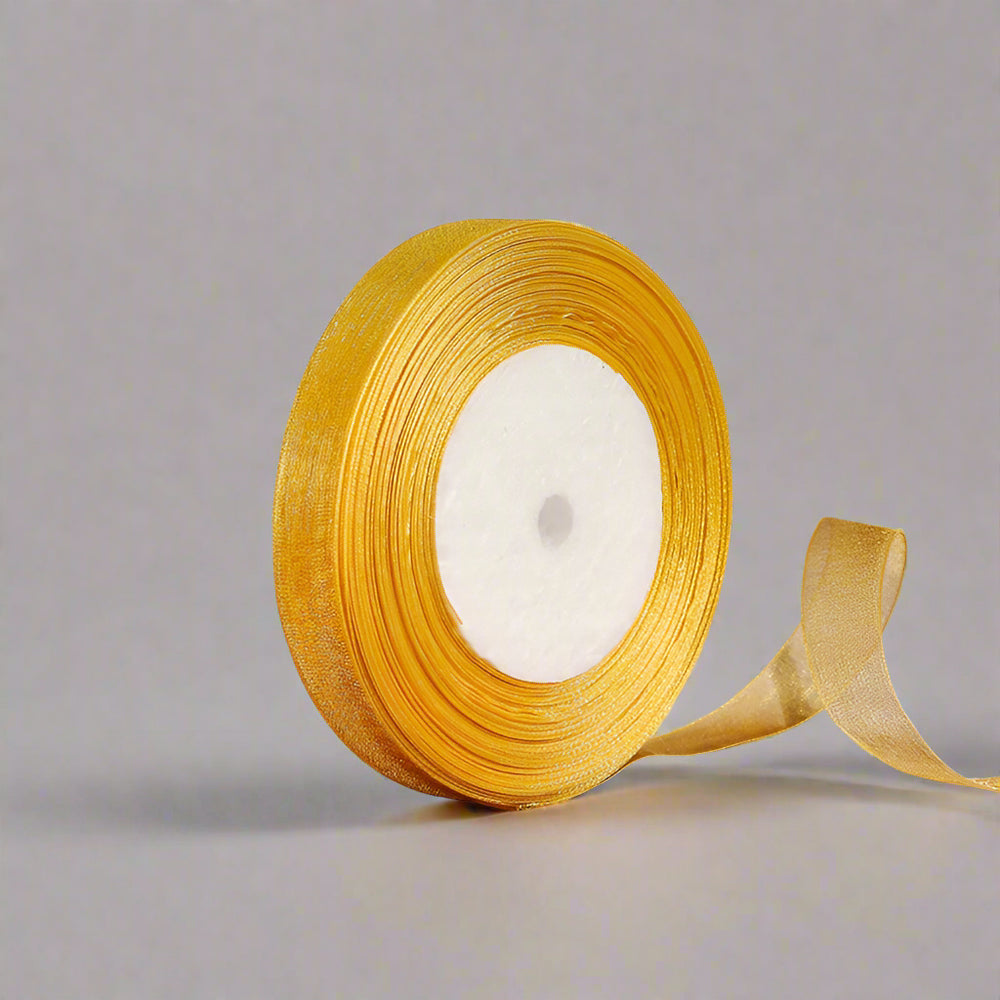 🎀 Sheer Organza Ribbon – Elegant & Versatile Finish in vibrant yellow color, perfect for gift wrapping and crafts.
