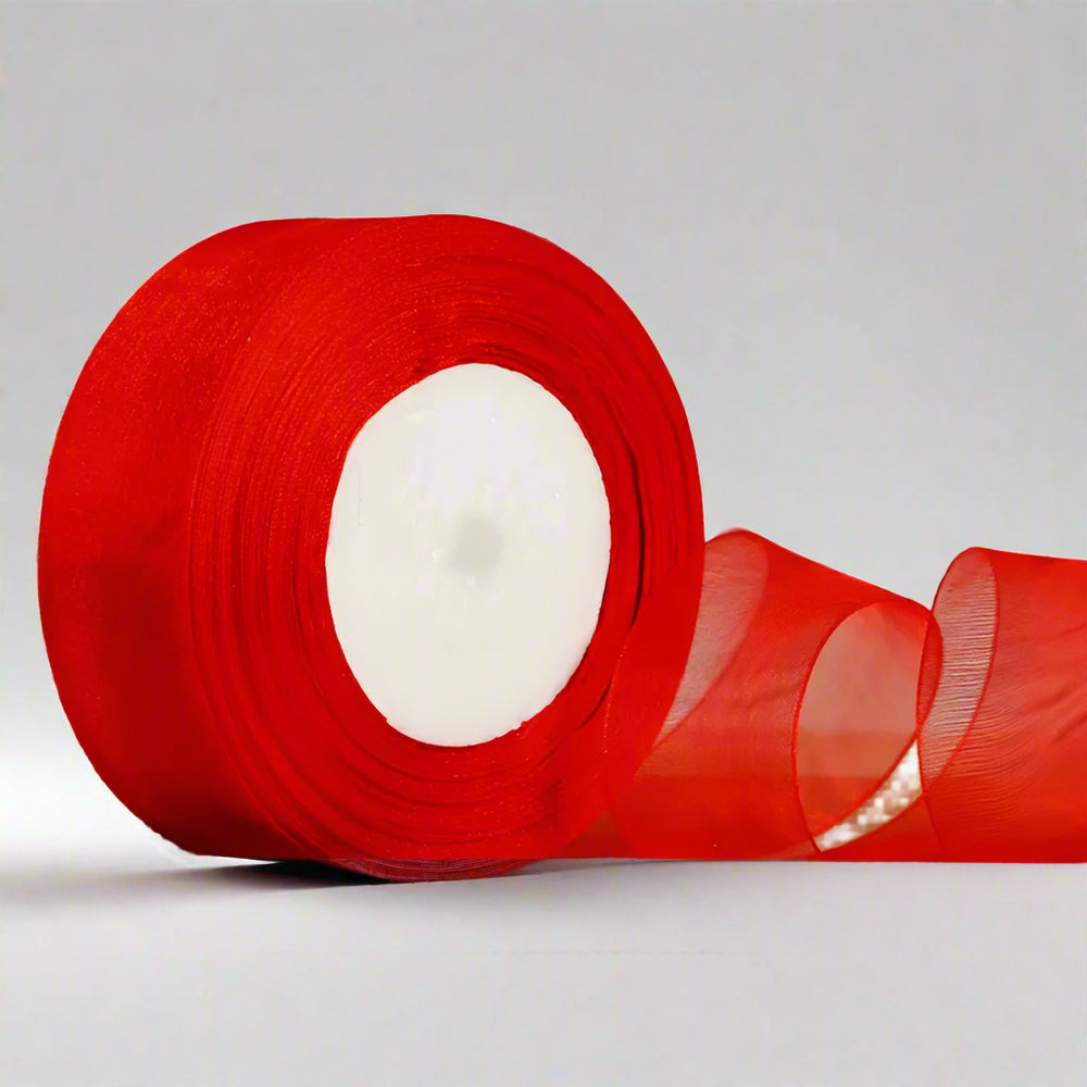 🎀 Sheer Organza Ribbon – Elegant & Versatile Finish in vibrant red color, perfect for gift wrapping and decorations.