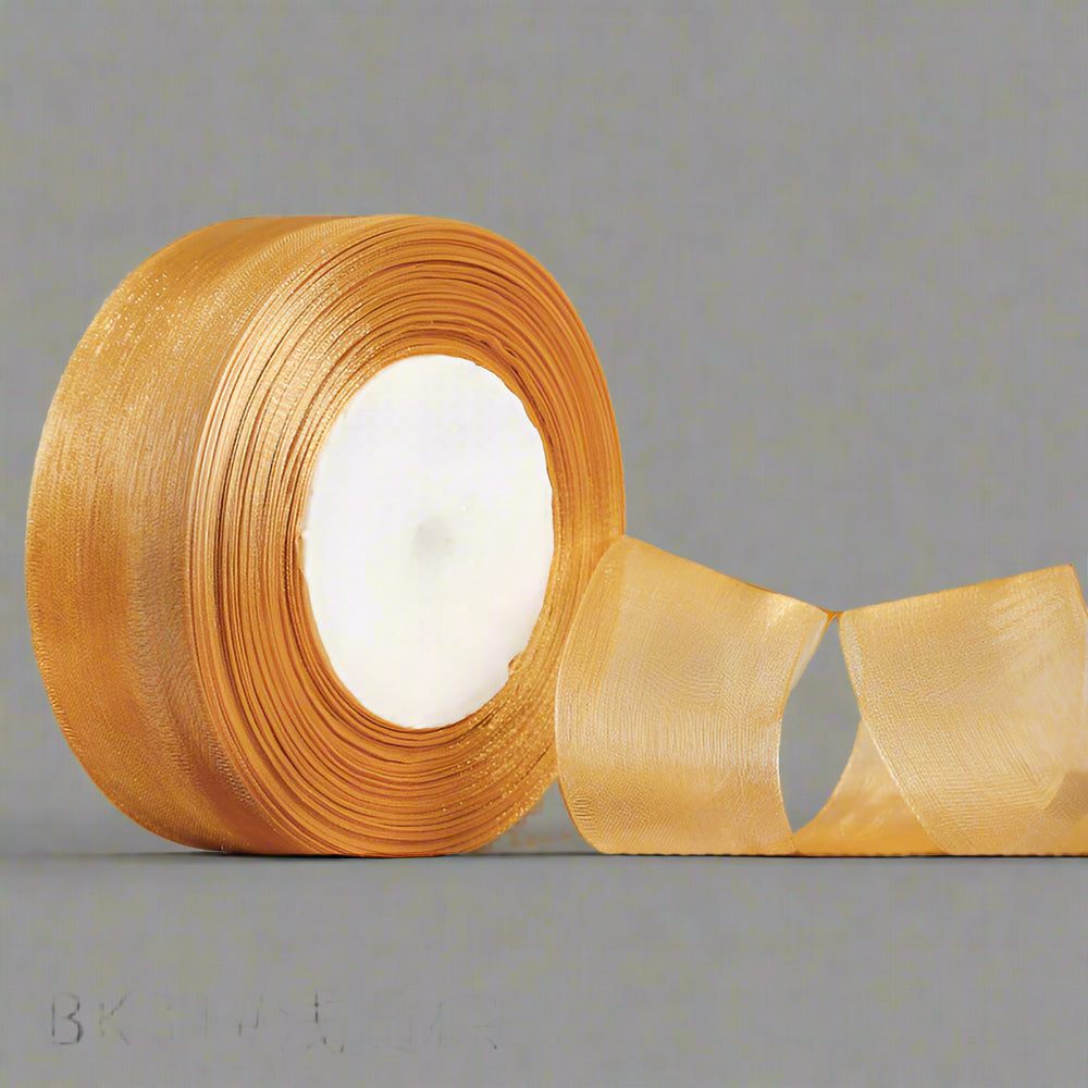 🎀 Sheer Organza Ribbon – Elegant & Versatile Finish in golden color, perfect for gifting, décor and crafts.