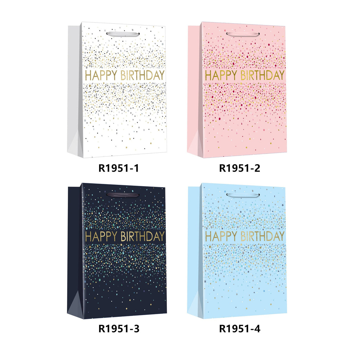 Four Birthday Gift Bags HB(18*24*8CM/R1951S) in various colors with 'HAPPY BIRTHDAY' design.