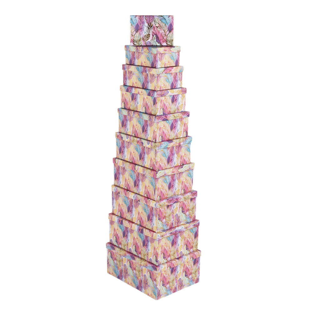 10PCS Gold Feather Purple Gift Box Whole Set stacked in a pyramid formation with colorful feather designs.