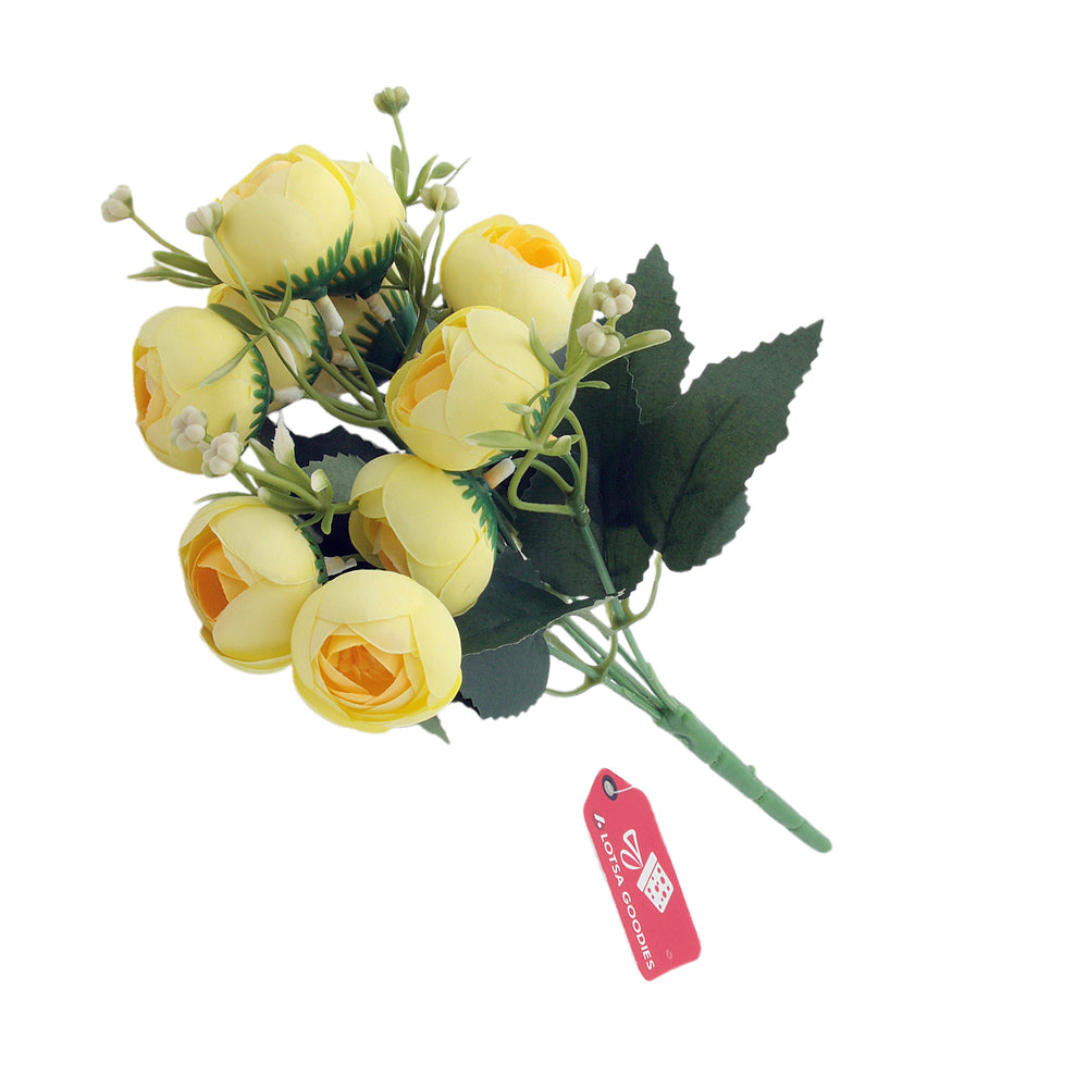 Artificial Peony Bouquet featuring vibrant yellow flowers and lush green leaves.