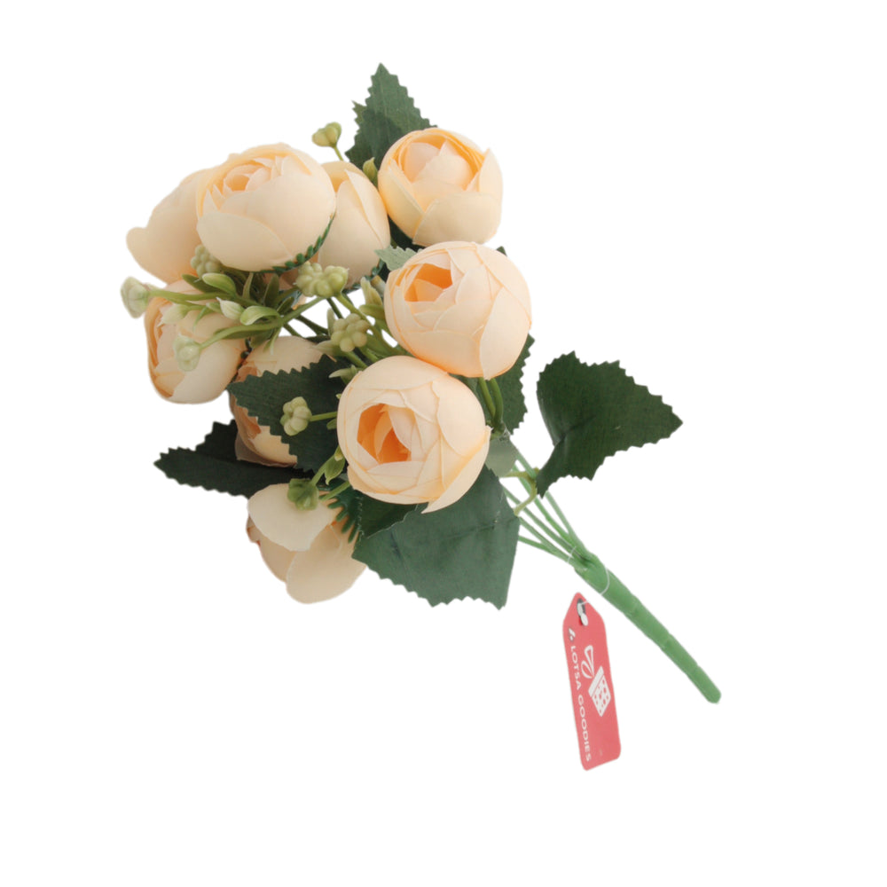 Artificial Peony Bouquet featuring soft peach-colored peonies with green leaves and stems, perfect for home decor.