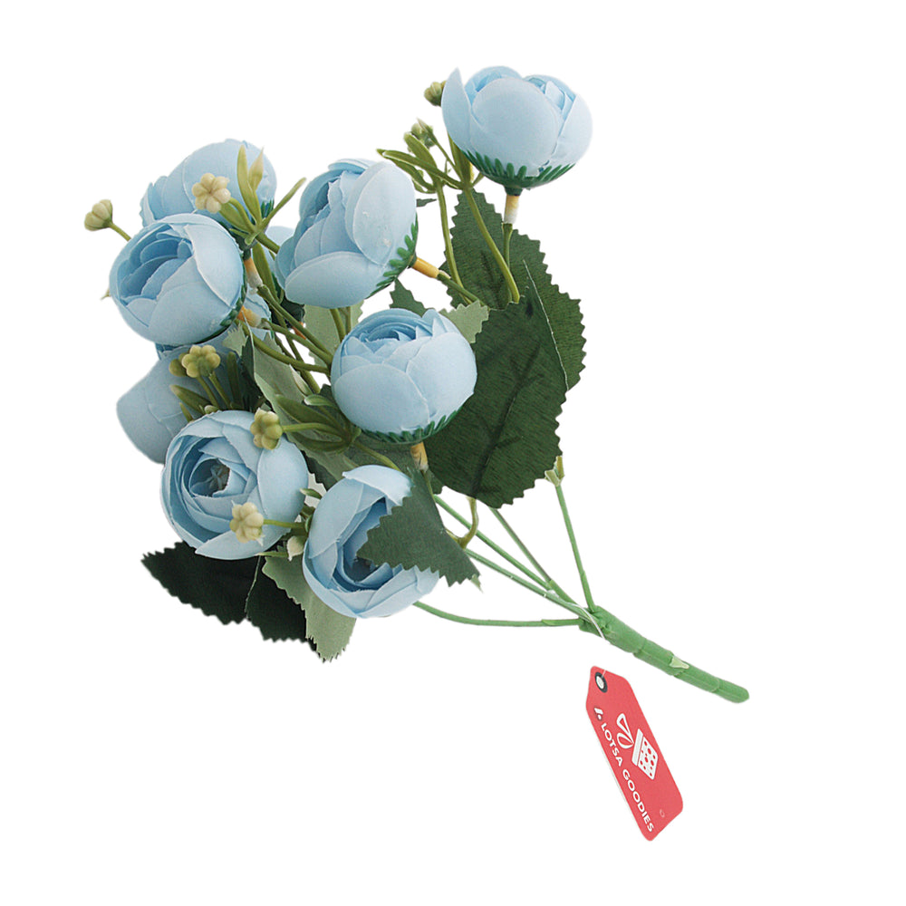 Artificial Peony Bouquet featuring beautiful blue artificial flowers with green leaves and delicate buds.