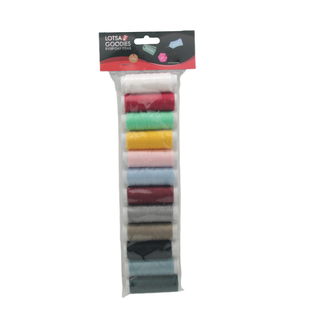 70yd Colored Sewing Thread Set – 12PCS Assorted Spools for DIY & Crafts in a clear package.
