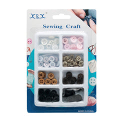 Assorted Buttons in various colors displayed in a clear packaging for sewing craft projects.