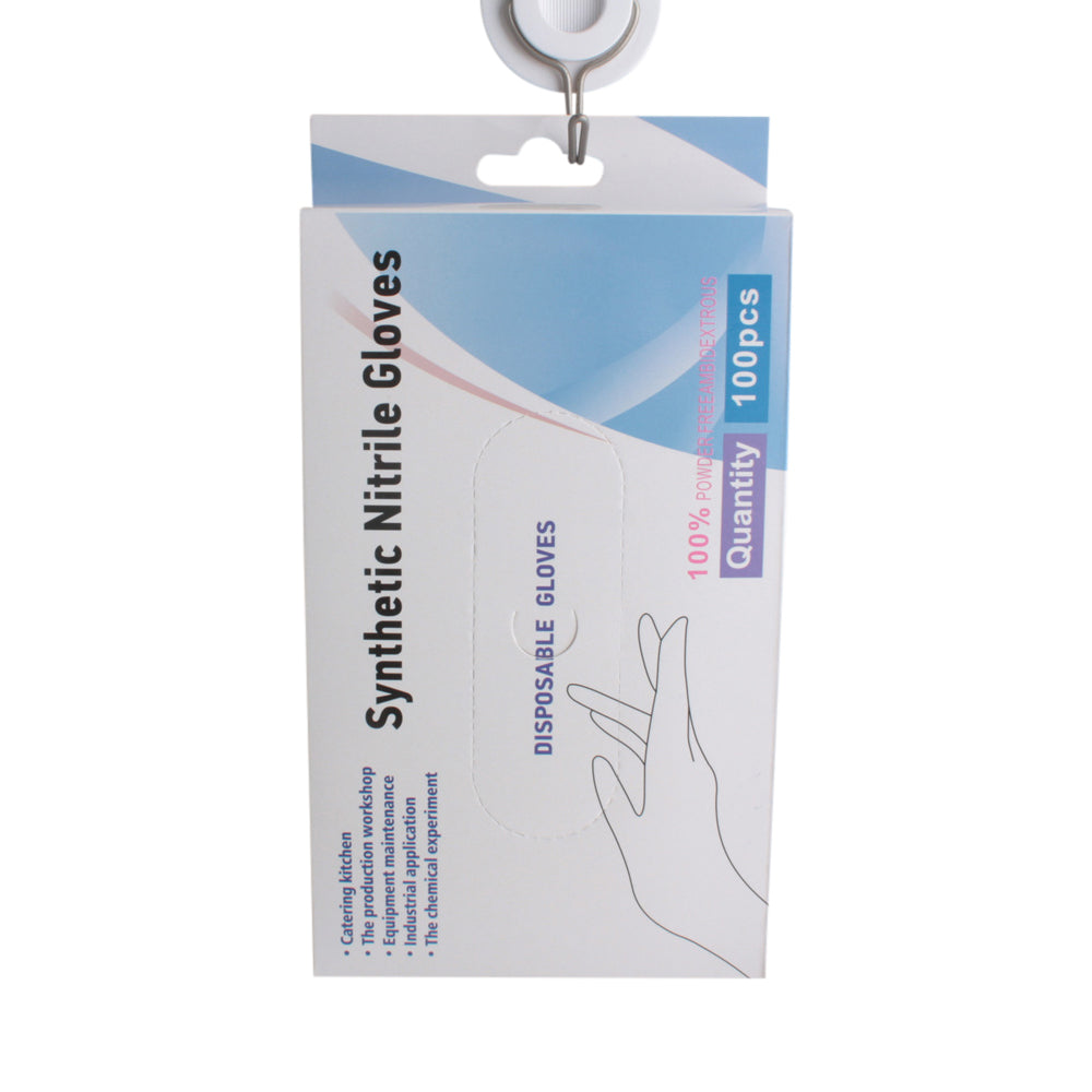 Packaging for Disposable Gloves(100PCS) featuring synthetic nitrile gloves for hygienic use.