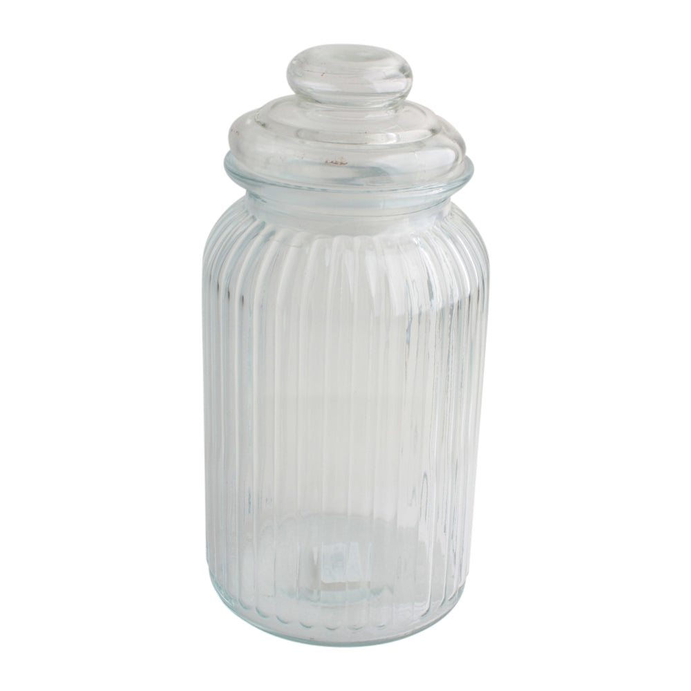 Glass Jar Screw Top(1350ML) with a clear ribbed design and a round lid for storage and decoration.