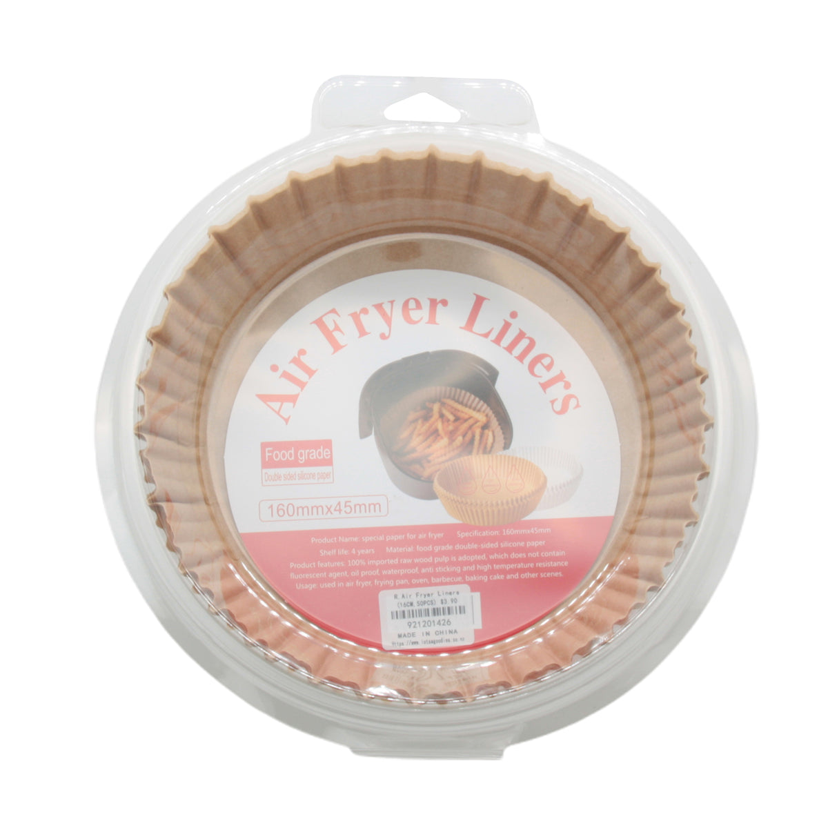 R.Air Fryer Liners(16CM,50PCS) in packaging, featuring food grade material and round design for easy cooking.