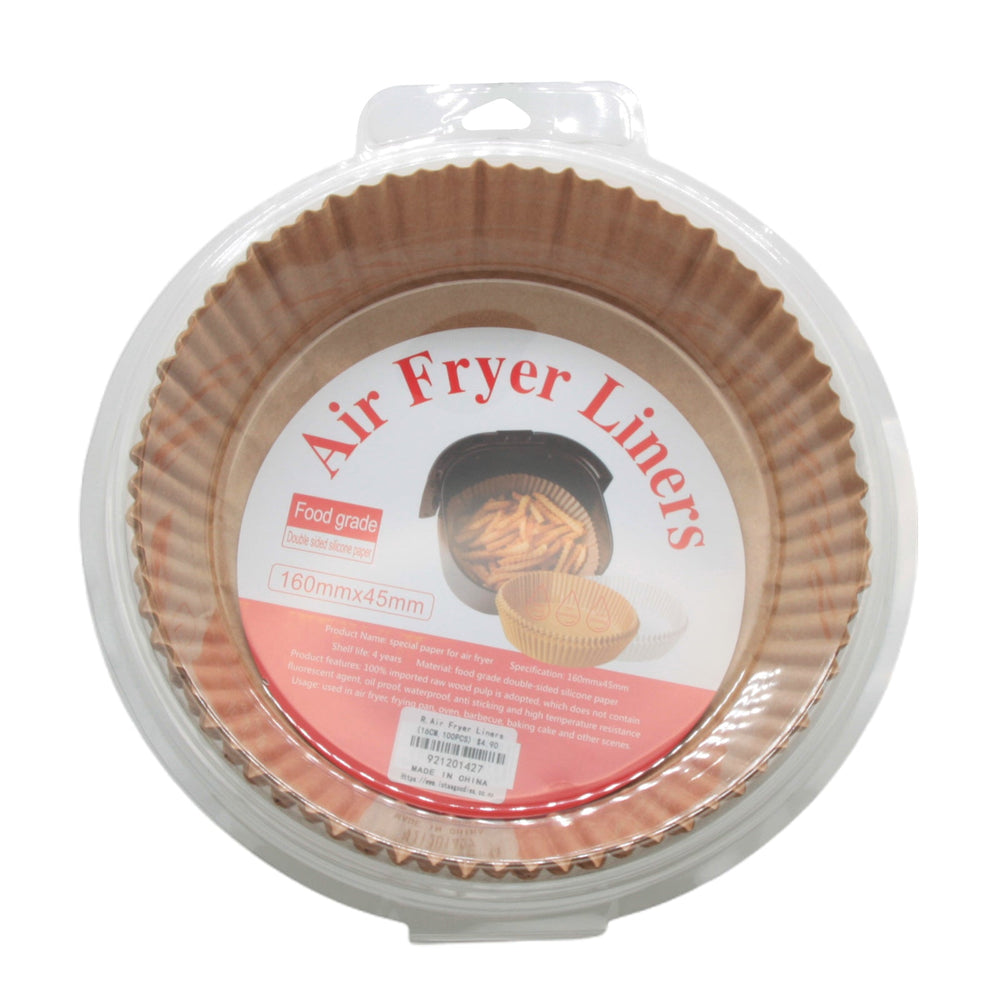 R.Air Fryer Liners(16CM,100PCS) in packaging, featuring food-grade liners for easy air frying.