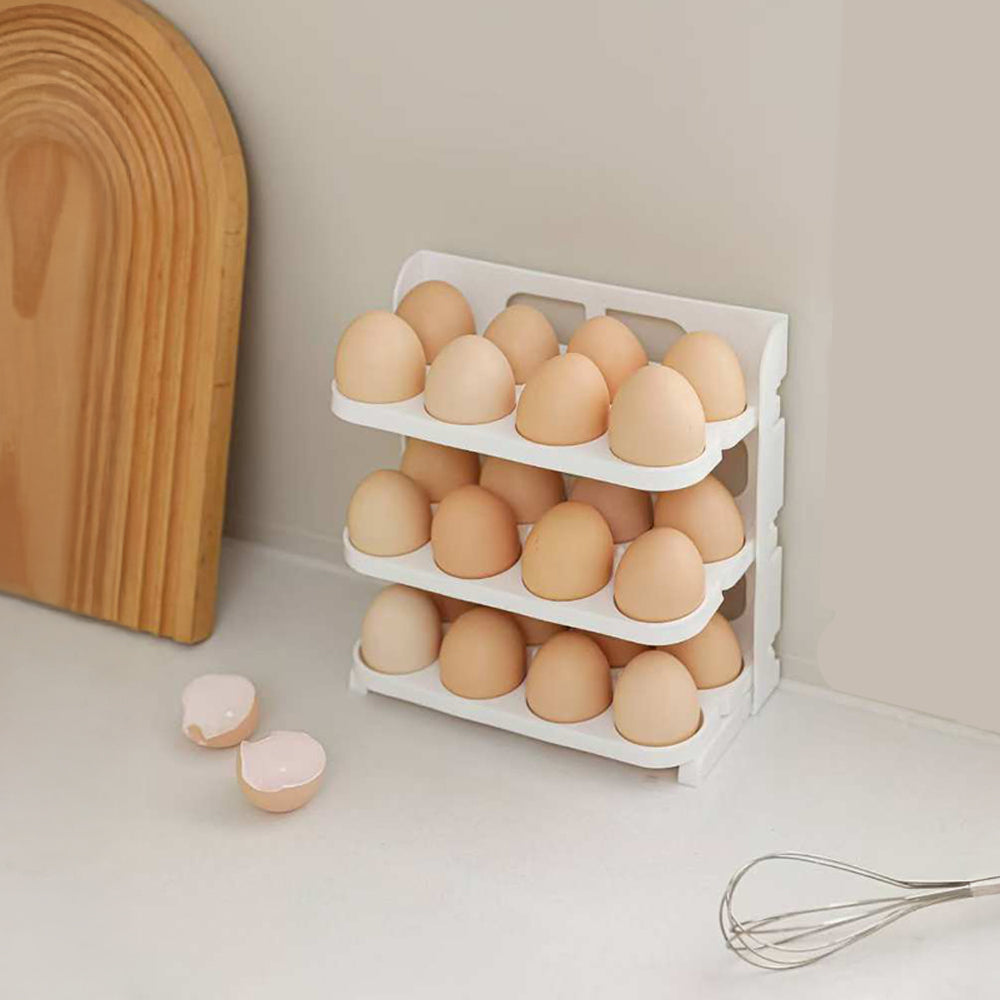 🥚 Egg Storage Box – Safe & Portable displaying organized eggs on a compact, stackable fridge organizer.