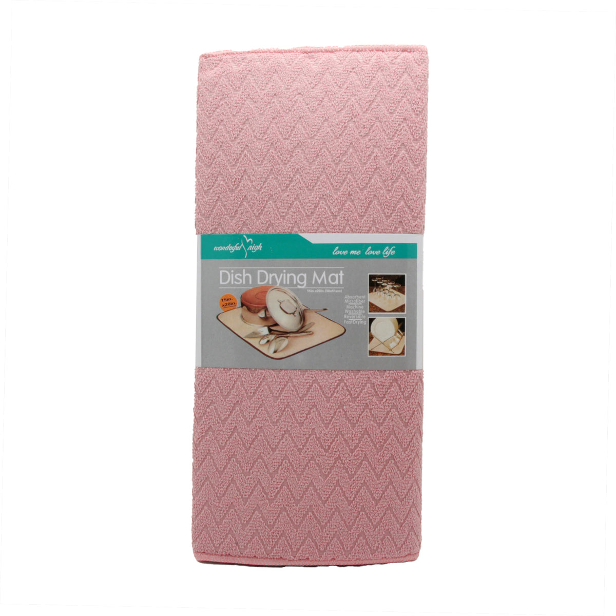 Dish Drying Mat(38*51CM) in pink color with zigzag texture and packaging for kitchen use.