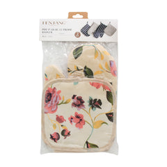Pot Pad Glove Set featuring floral design heat-proof gloves and pot pad, perfect for kitchen use.