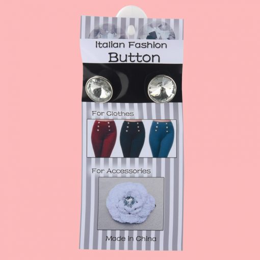 Crystal Button(White) displayed on a packaging showcasing its use in fashion accessories and clothes.