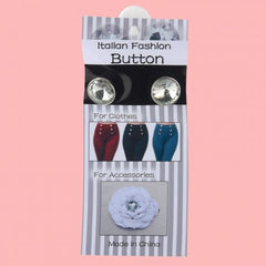 Crystal Button(White) displayed on a packaging showcasing its use in fashion accessories and clothes.