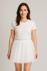 Adult Tutu Skirt – Fun, Fluffy & Fabulous worn with a basic white tee, showcasing the fluffy design and playful style.