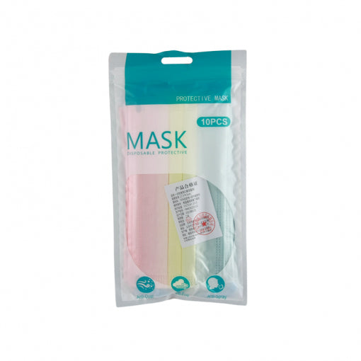 3 Layer Colour Mask(10PCS) package featuring multiple colors for disposable protective use.