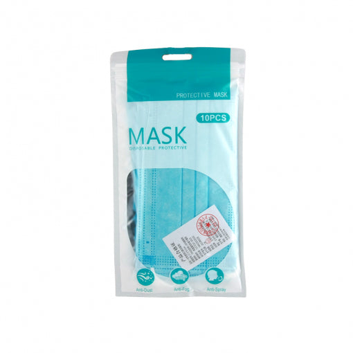 3 Layer Disposable Mask(10PCS)Blue packaging with clear protective design and visible product count.