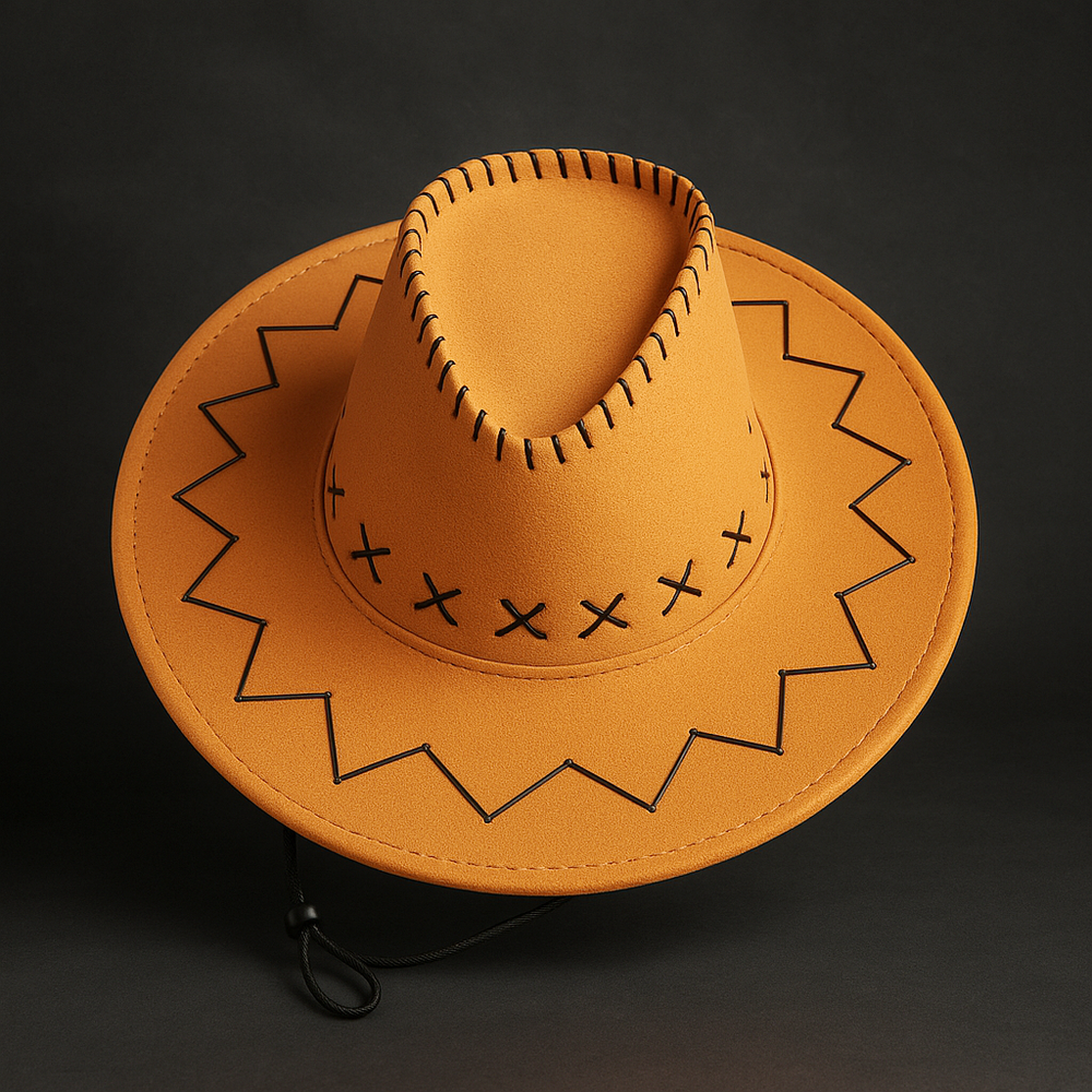 Western Stitch Cowboy Hat Unisex | Festival Ready | Suede Look in vibrant orange with decorative stitching.