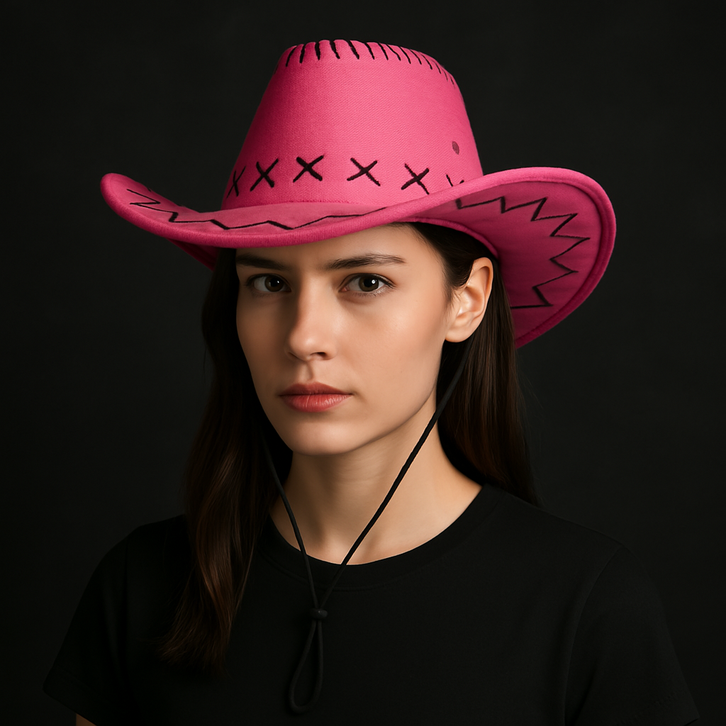 🧢 Western Stitch Cowboy Hat 🎯 Unisex | Festival Ready | Suede Look worn by a model against a dark background.