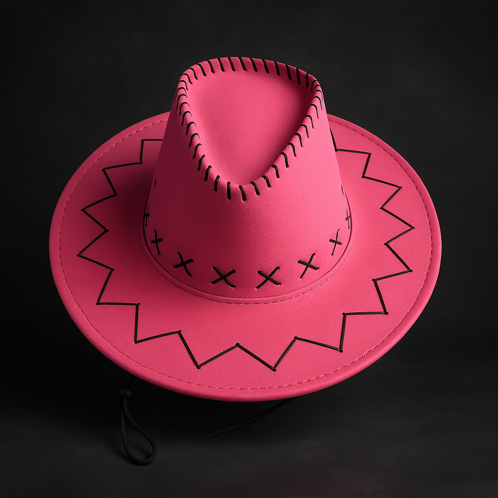 🧢 Western Stitch Cowboy Hat 🎯 Unisex | Festival Ready | Suede Look in vibrant pink color, featuring unique embroidery.