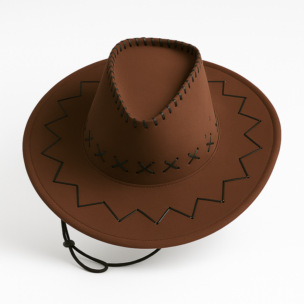 Western Stitch Cowboy Hat | Unisex | Festival Ready | Suede Look in brown with unique stitching details.
