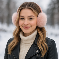 Winter Ear Muffs – Soft & Warm for Cold NZ Days worn by a smiling woman in a snowy landscape.