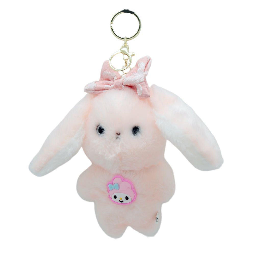 🐰 Plush Bunny Keychain with Bow – Pink & White, soft bunny keychain with pink bow and pastel colors.