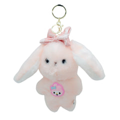 🐰 Plush Bunny Keychain with Bow – Pink & White, soft bunny keychain with pink bow and pastel colors.