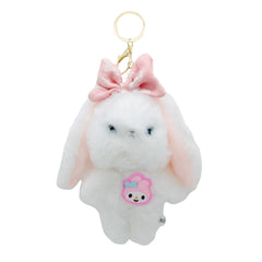 🐰 Plush Bunny Keychain with Bow – Pink & White featuring a fluffy bunny with a pink bow and cute charm. Perfect for bags or keys.