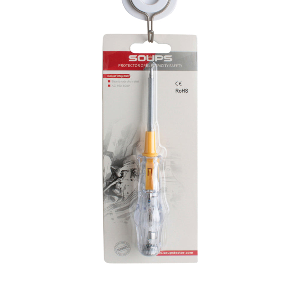 Electroprobe screwdriver with transparent handle and orange accents for electricity safety testing.