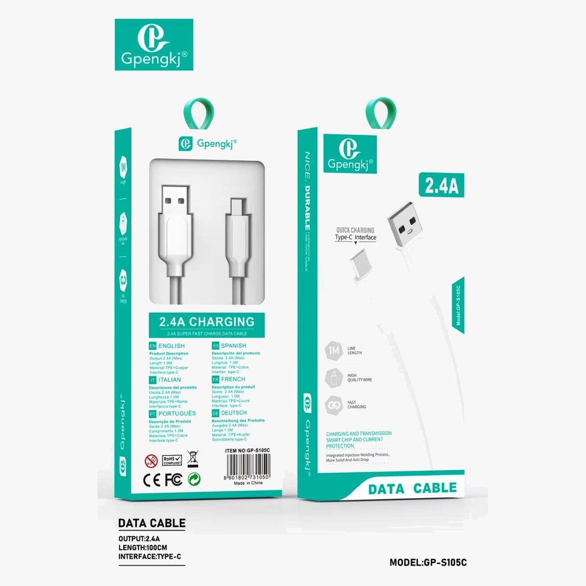 Type C Fast Data & Charger packaging showing 2.4A charging capability and USB-C connection.