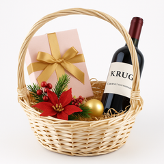 Natural Cane Basket –(NC18-39) Set filled with wine, gift, and festive decorations.