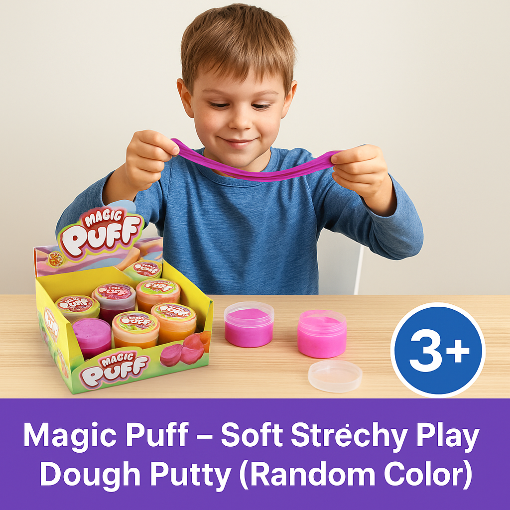 Magic Puff – Soft Stretchy Play Dough Putty (Random Color) displayed with a child stretching colorful putty.