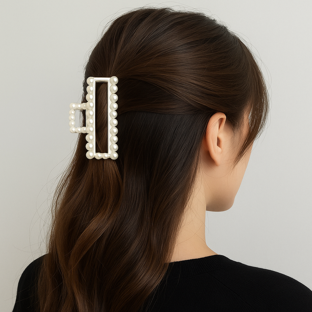 Model wearing a Pearl Hair Claw – Rectangle Shape Clip in her hair, showcasing elegant faux pearl design.