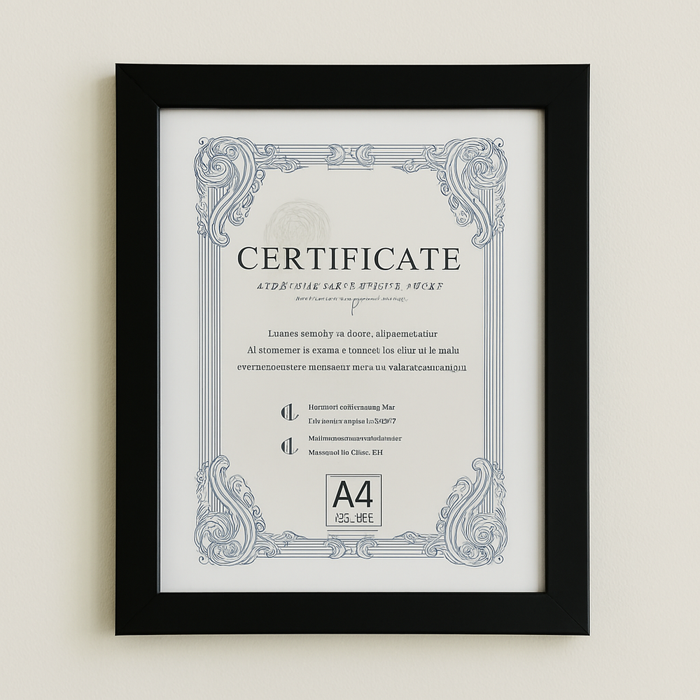 A4 Photo Frame – Modern Display Frame(A4) showcasing a certificate in a sleek black frame.