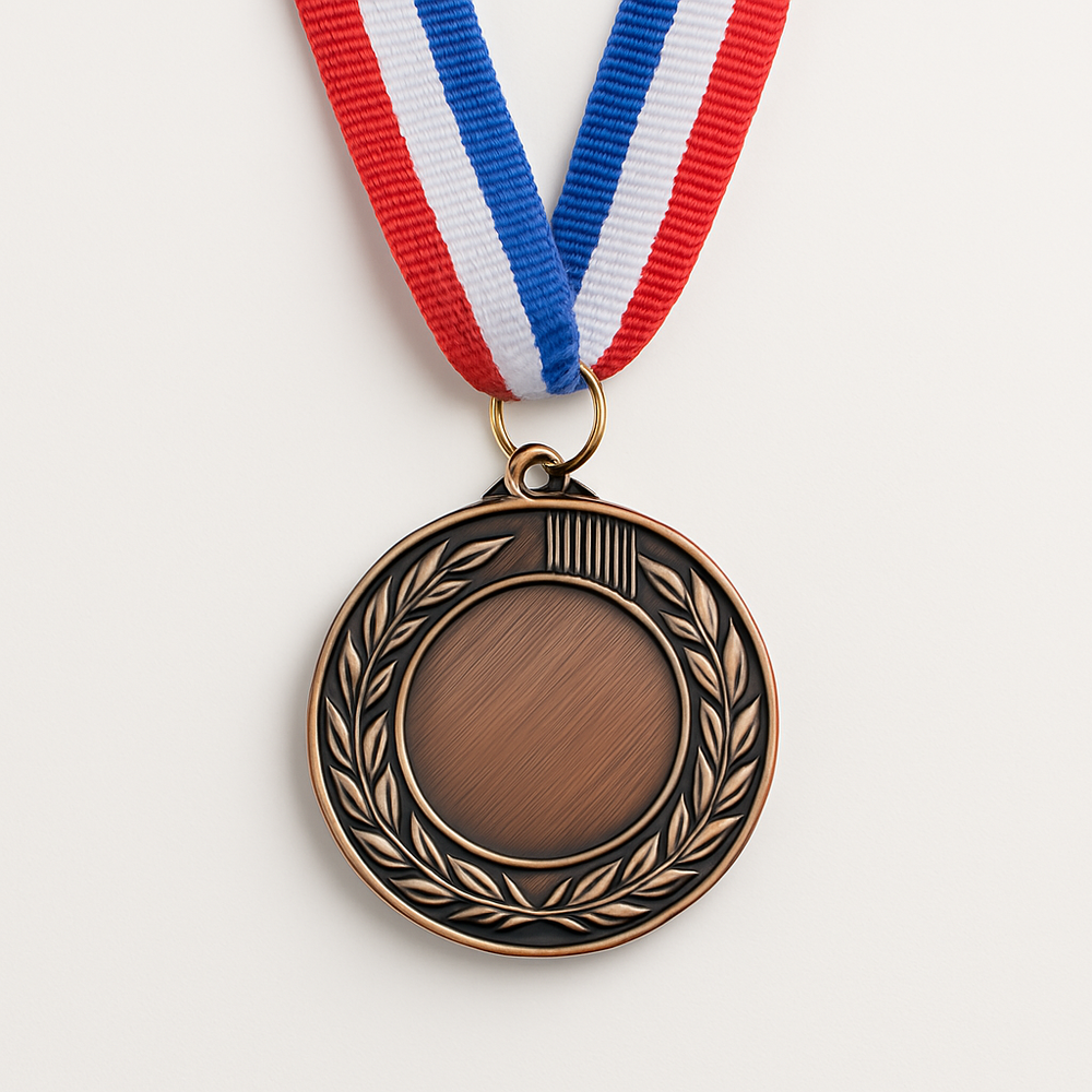 🏅 Metal Award Medal with Ribbon – Gold / Silver / Bronze with tricolor ribbon, featuring classic laurel design.