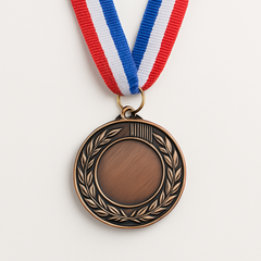 🏅 Metal Award Medal with Ribbon – Gold / Silver / Bronze with tricolor ribbon, featuring classic laurel design.