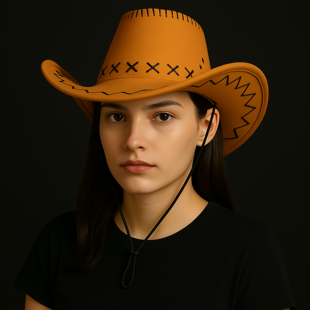 Western Stitch Cowboy Hat 🎯 Unisex | Festival Ready | Suede Look worn by a person against a dark background.