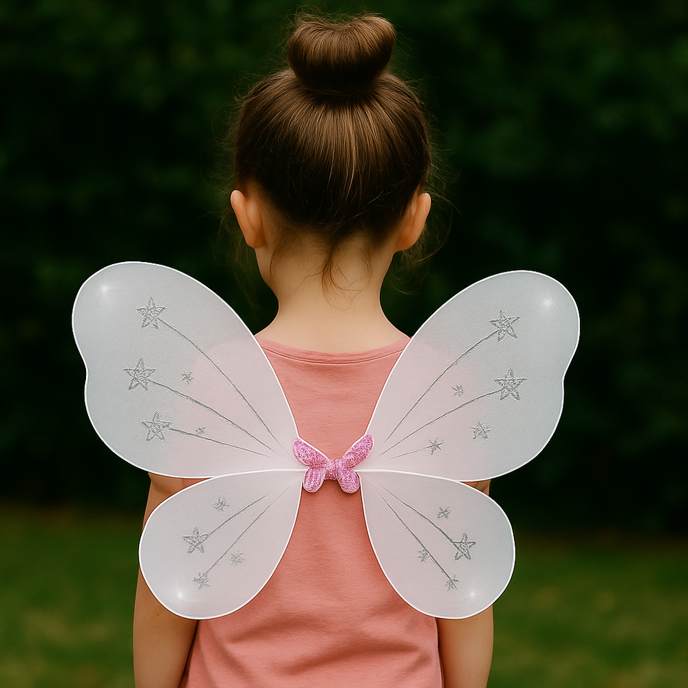 🌈 Angel Wings for Kids – 6 Dreamy Colors!(48*38CM) - A child with white angel wings featuring sparkly stars.